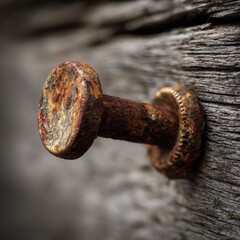 Close-up of rusty bolt on weathered wood