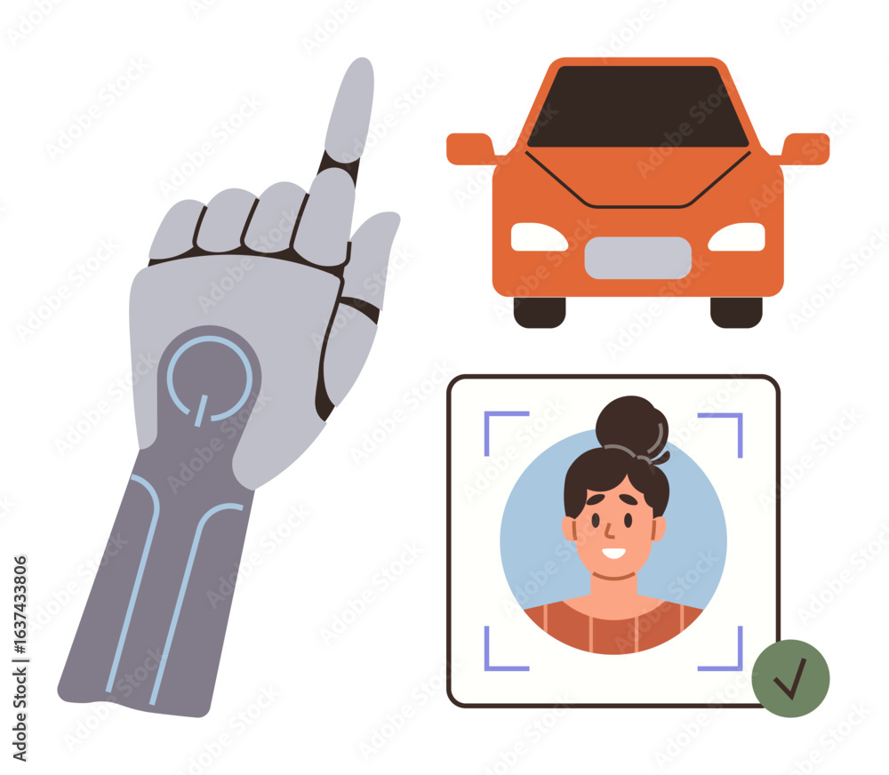 Poster robotic arm pointing upward, orange car icon, facial recognition with user profile checkmark. ideal 