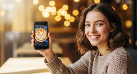 Woman in cafe holding phone with latte art photo.