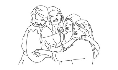 Minimalist Line Drawing of Four Friends Sharing a Group Hug
