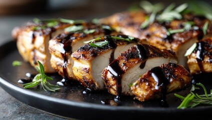 Sliced, seasoned chicken breast drizzled with dark sauce, garnished with fresh rosemary
