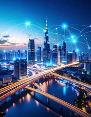 Fototapeta premium Night cityscape with illuminated skyscrapers and intricate network of roads and bridges, glowing blue light trails connecting buildings