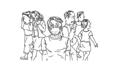 Line Drawing of People Wearing Masks in Public – Pandemic Safety Illustration in Black and White