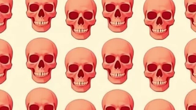 4K skull background, seamless skull pattern, retro skull loop, vintage horror background, flat design skull wallpaper, skull silhouette animation, skull vector seamless loop, muted red skull backgroun