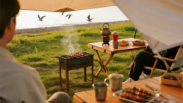 Friends enjoying a lakeside BBQ with a beautiful view.