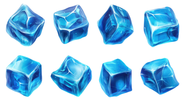 Ice cubes in blue color with frozen crystal texture and refreshing cold appearance isolated on white background
