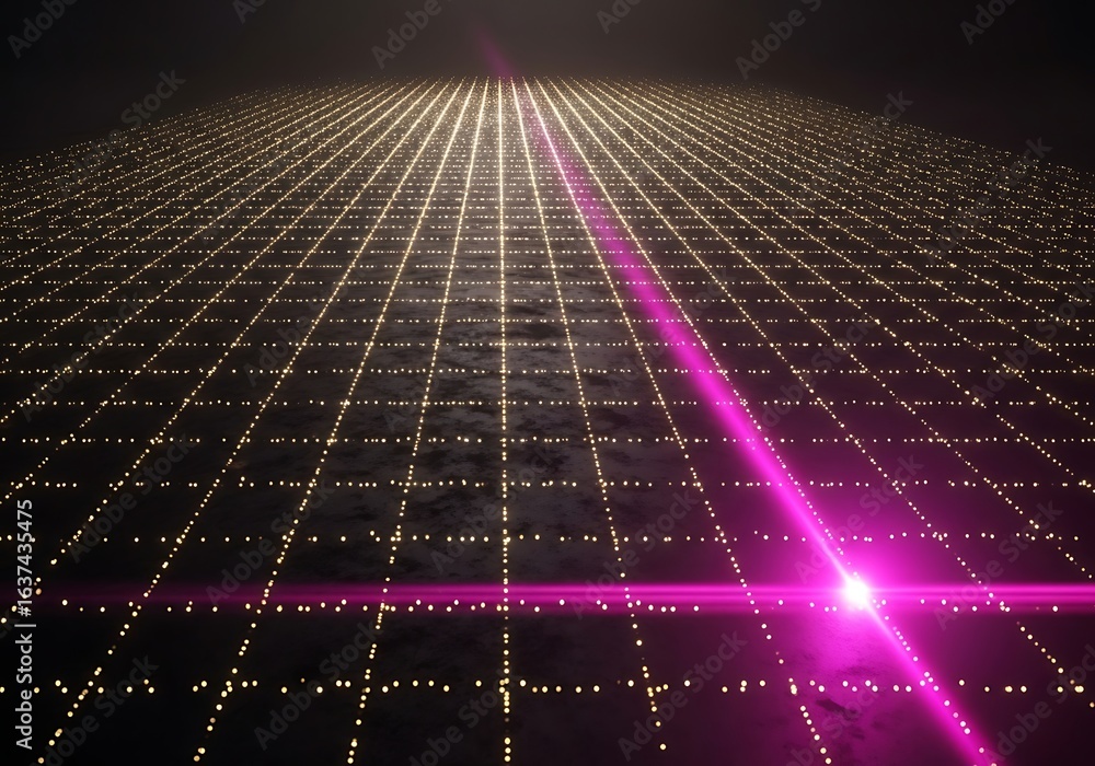 Poster dynamic glowing grid with vibrant purple lens flare, perfect for technology and data visualization c