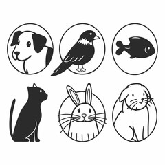 Obraz premium Illustration of various animals including dog, bird, fish, cat, and rabbit in circles isolated on white background