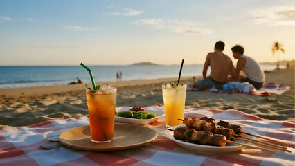 A couple sits on the beach with a picnic