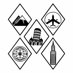 Obraz premium Collection of travel and landmark icons in diamond shapes isolated on white background, featuring famous destinations