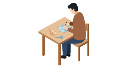 Fototapeta premium Person sketching origami on table, creating craft project. Solitude, skill, art