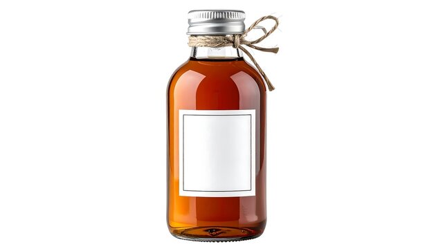 Amber liquid in a small glass bottle with a blank label, tied with twine