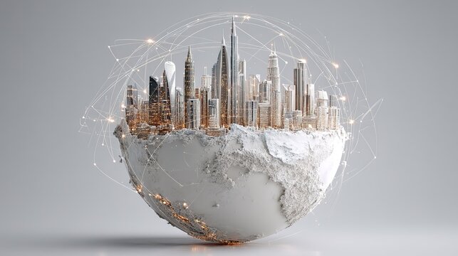 "Global Urban Connectivity: A Futuristic Cityscape on a Half-Earth Model with Digital Network Lines"