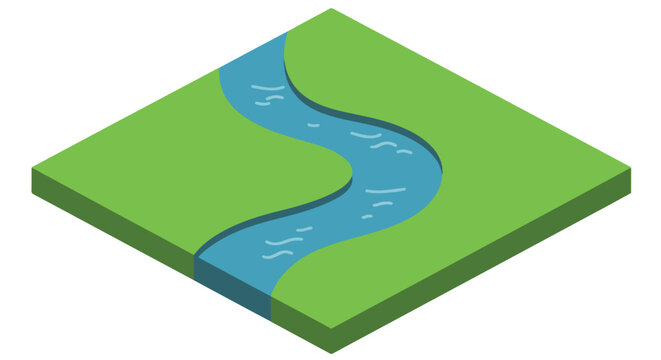 Isometric green land tile with river graphic for use in environment design