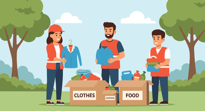Community Volunteers Sorting Donations Outdoors