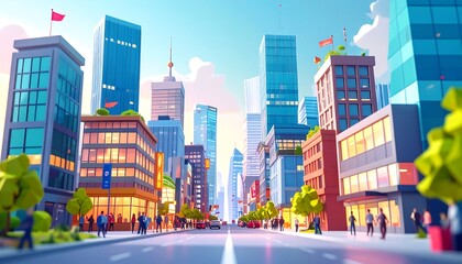 Obraz premium A vibrant, stylized cityscape with people walking on a city street