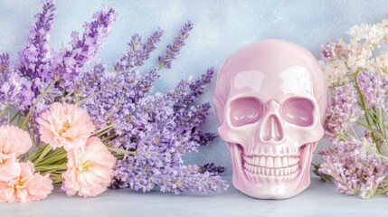 Pink skull with flowers, creating a unique and aesthetic still life composition.
