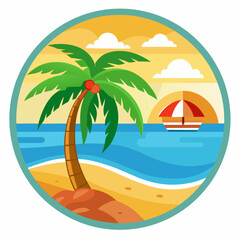 Obraz premium Vector art of a vibrant circular illustration of a tropical beach scene at sunset, featuring a leaning palm tree, calm ocean water, a sailboat, and fluffy clouds in a warm sky