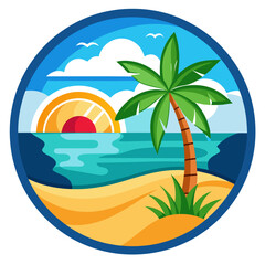 Fototapeta premium Vector art of circular graphic depicting a serene tropical beach with a palm tree, ocean waves, and a stylized sunrise or sunset, evoking a sense of peace and vacation