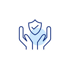 Two hands, shield and checkmark. Trusted protection, verified care, certified support, approved safety. Pixel perfect, editable stroke vector icon