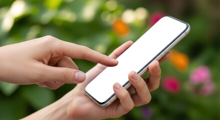 Woman's Hand Interacting with Blank Smartphone Screen Against Floral Backdrop