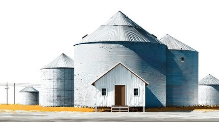 Fototapeta premium Rustic Farm Silos with Small House - Ideal for Agricultural Design Projects