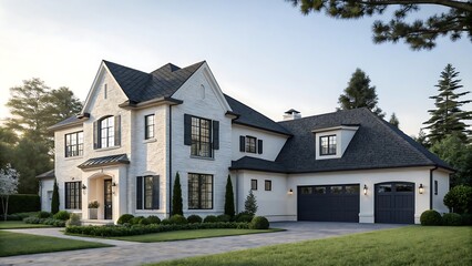 Elegant modern luxury home with manicured lawn and mature trees