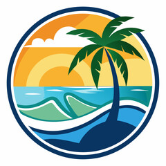 Vector art of a stylized circular illustration depicting a tropical beach at sunset or sunrise, featuring a silhouetted palm tree against a vibrant sky with sun rays and stylized ocean waves