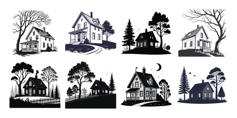 Vector log cabin house silhouette collection mountain home lodge country architecture design illustration 100 editable stock vector illustration
