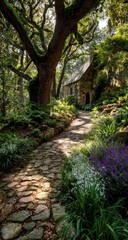 Sunlit stone path leading to a small stone chapel, shaded by lush trees