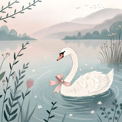 “Elegant swan wearing a silk ribbon bow around its neck, soft lake background, poetic calm mood, pastel tones, children's book illustration style.”
