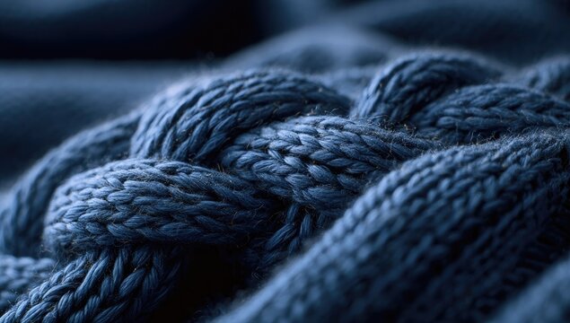 Close-up of intricate, deep blue knitted fabric