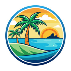 Fototapeta premium Vector art of vibrant retro illustration of a tropical beach at sunset with palm trees, ocean waves, and a distant island, perfect for summer travel