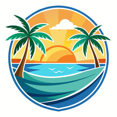 Obraz premium Vector art of tranquil tropical beach scene at sunset with two palm trees, calm ocean waters, and distant mountains, capturing the essence of a perfect holiday escape