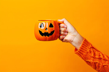 Halloween coffee cup | Orange pumpkin mug held by hand wearing knitted sweater halloween
