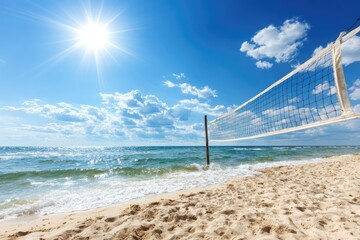 Beach volleyball net on sunny shoreline