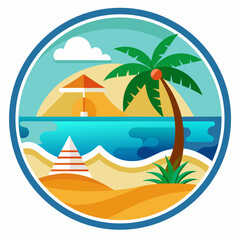 Obraz premium Vector art of stylized circular illustration of a tropical beach scene with a palm tree, umbrella, and waves, evoking a sense of summer vacation and paradise