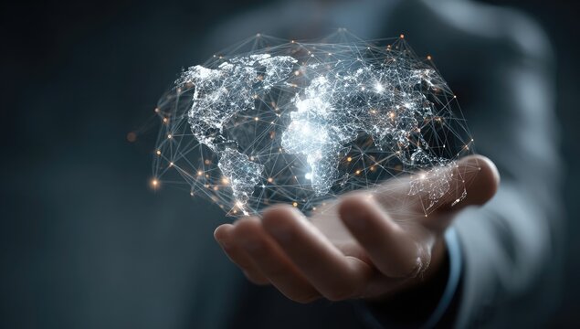 World map hologram in hand, digital network