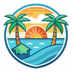 Obraz premium Vector art of circular tropical island scene with palm trees, a small hut, and the sun setting over the ocean, evoking a sense of paradise and vacation