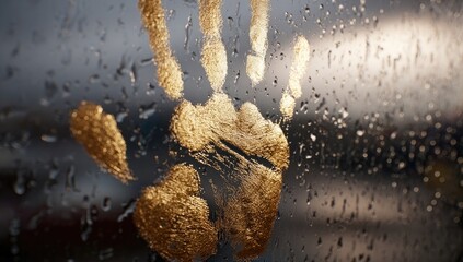 Golden handprint on a rain-streaked window