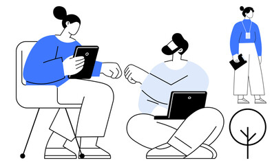 Naklejka na ściany i meble Professionals interacting through laptops and tablets, engaged in teamwork and networking. Ideal for collaboration, business, technology, remote work, communication, strategy growth. Simple flat