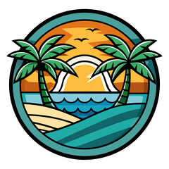 Obraz premium Vector art of circular emblem featuring a tropical beach at sunset with two palm trees, ocean waves, and a vibrant sky, perfect for summer travel