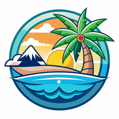 Obraz premium Vector art of tropical island paradise with a palm tree, mountain, and ocean sunset, perfect for summer vacation and travel themes
