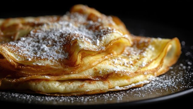 Close-up of golden, layered crepes dusted with powdered sugar on a dark plate - Powered by Adobe