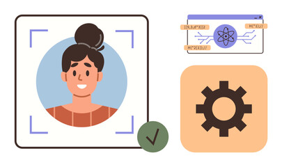 Portrait inside a scanning frame with a checkmark, a gear icon, and a scientific diagram. Ideal for technology, AI, authentication, security, biometrics, software interfaces simple flat metaphor