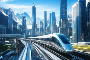 Futuristic high speed train gliding through modern skyscraper cityscape with snowy mountain backdrop under clear blue sky