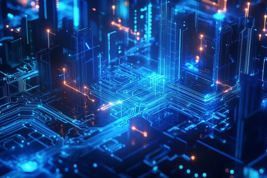 Futuristic digital cityscape glowing with neon blue light representing advanced technology and smart infrastructure in a virtual cyber network