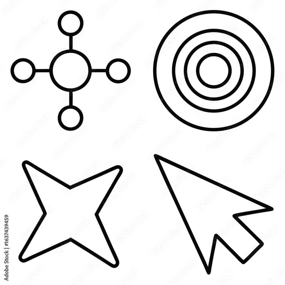 Poster collection of four simple black outline icons representing connection target star and cursor