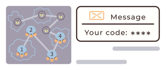 Network with connected nodes, lock icons, and verification stars next to message box and authentication code. Ideal for cybersecurity, encryption, data protection, digital privacy, authentication