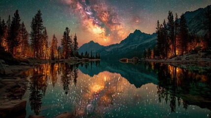 Naklejka premium Night sky mirroring in still mountain lake